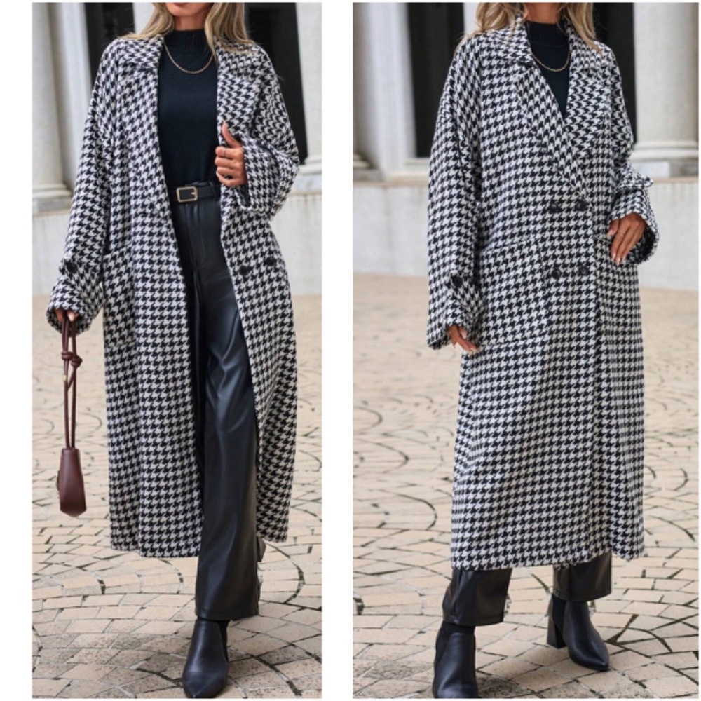 Classic Cotton Houndstooth Print Pockets Oversized Jacket Coat - Picture 3 of 4